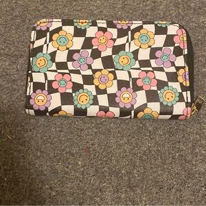 Black and White Checkered Wallet With Colorful Flower Smiley Faces Retro Vintage